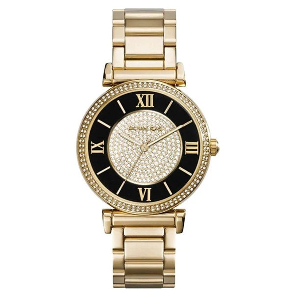 Michael Kors Women’s Quartz Gold Stainless Steel Black Crystal Pave Dial 38mm Watch MK3338